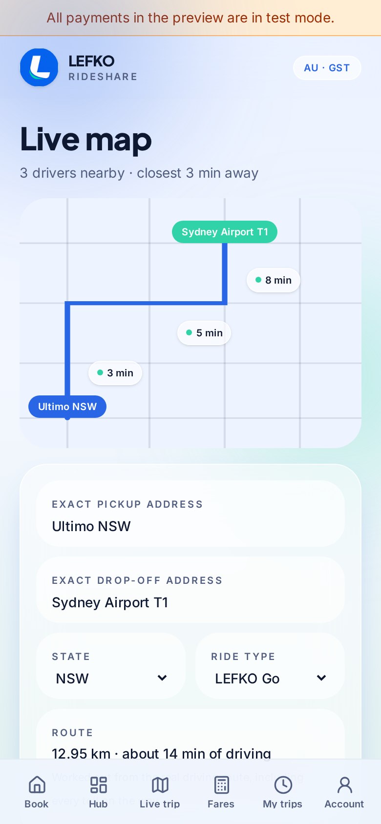 Booking a LEFKO ride from Ultimo to Sydney Airport
